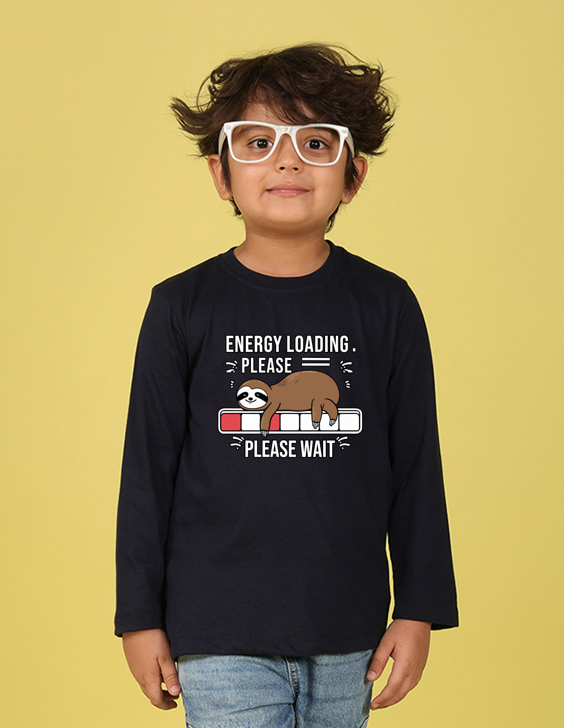 NUSYL Boy's Navy Blue Energy Loading Text Printed Full sleeves T-Shirt