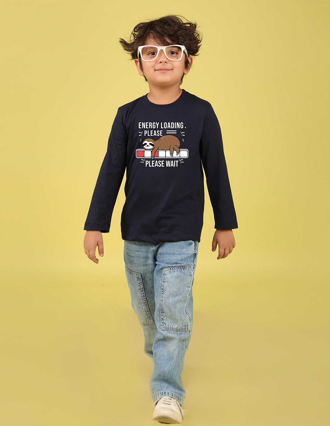 NUSYL Boy's Navy Blue Energy Loading Text Printed Full sleeves T-Shirt