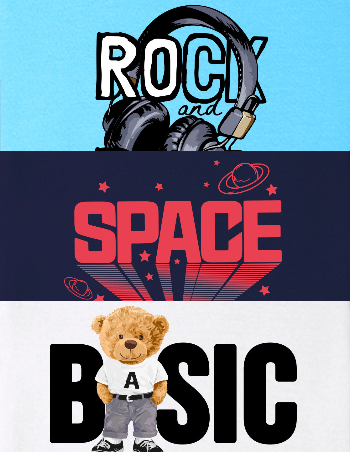 NUSYL Boys Navy Blue & Sky Blue & White Space text & teddy Bear Printed Half Sleeves T-shirt - Pack of 3