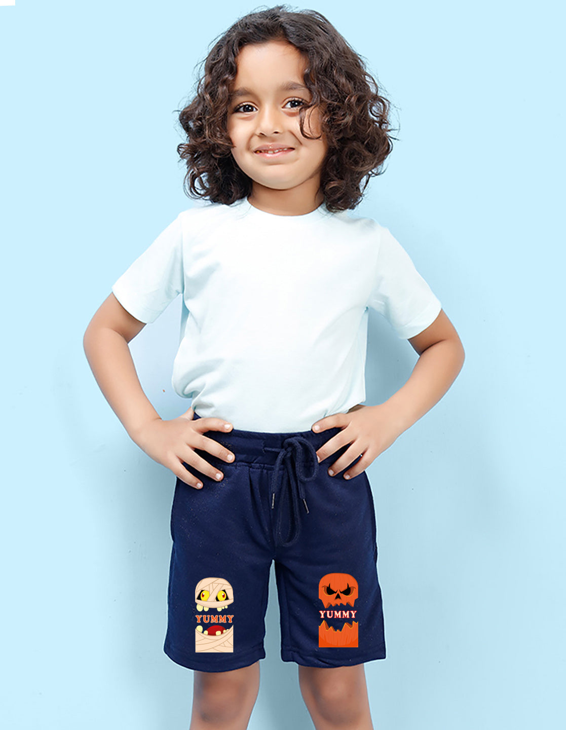 Nusyl Boys Navy Blue Yummy Text Printed Shorts
