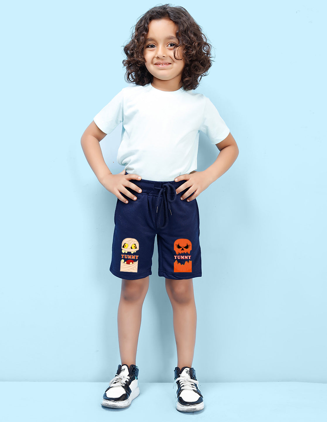 Nusyl Boys Navy Blue Yummy Text Printed Shorts