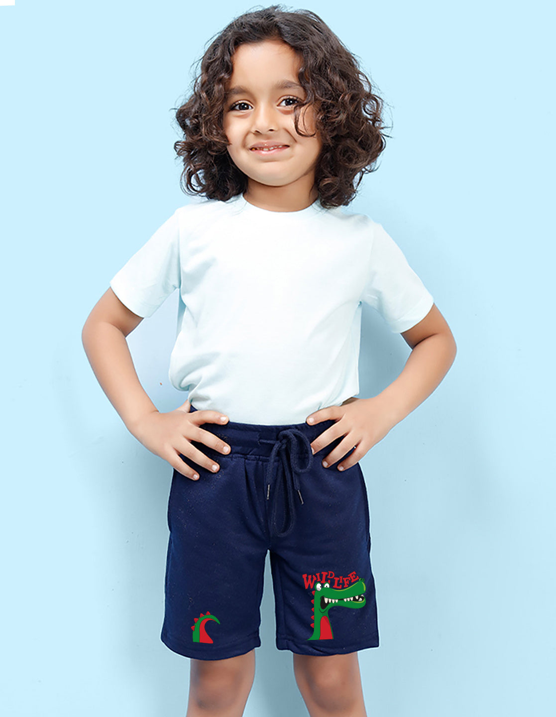 Nusyl Boys Navy Blue Dinosaur & Text Printed Shorts