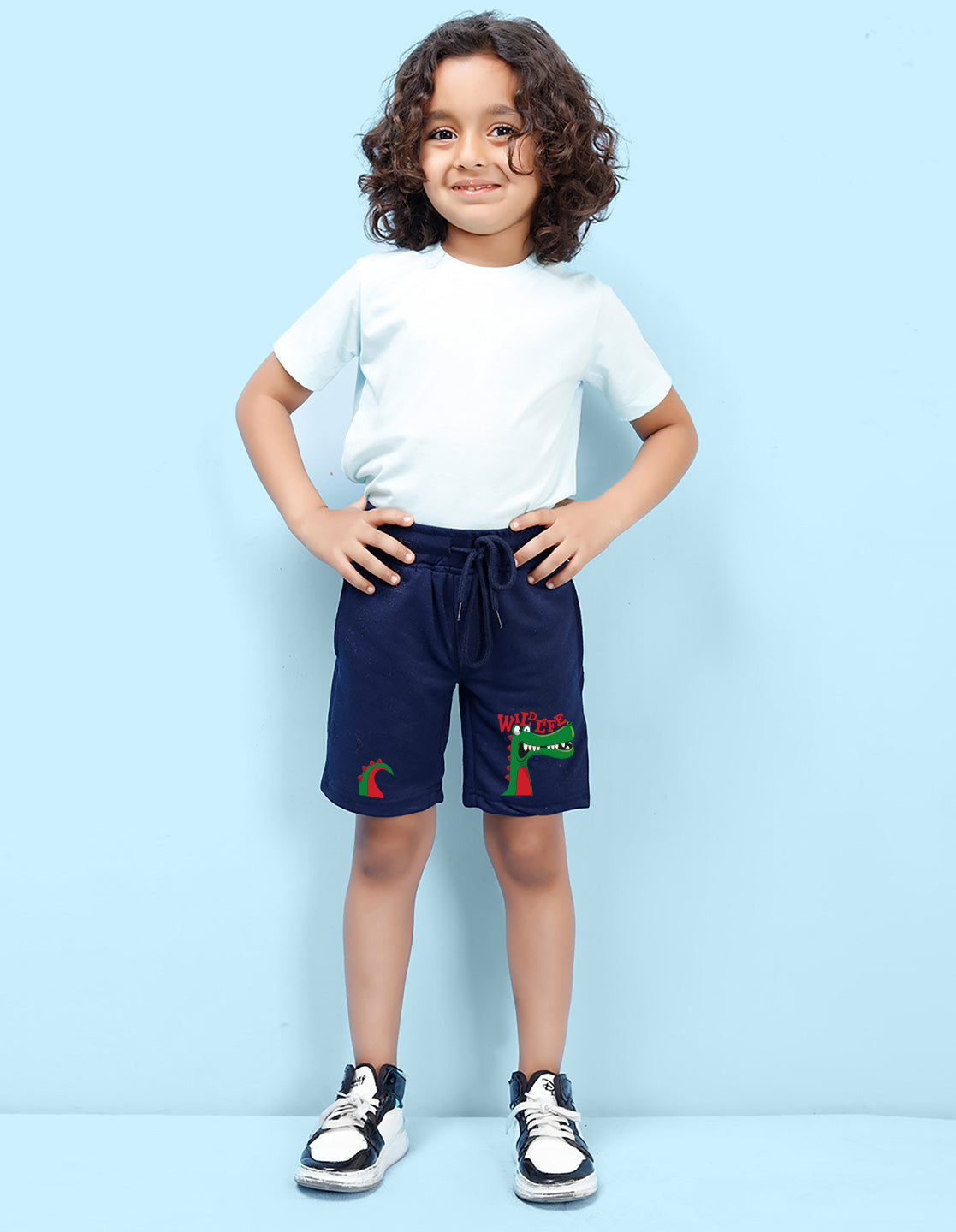 Nusyl Boys Navy Blue Dinosaur & Text Printed Shorts