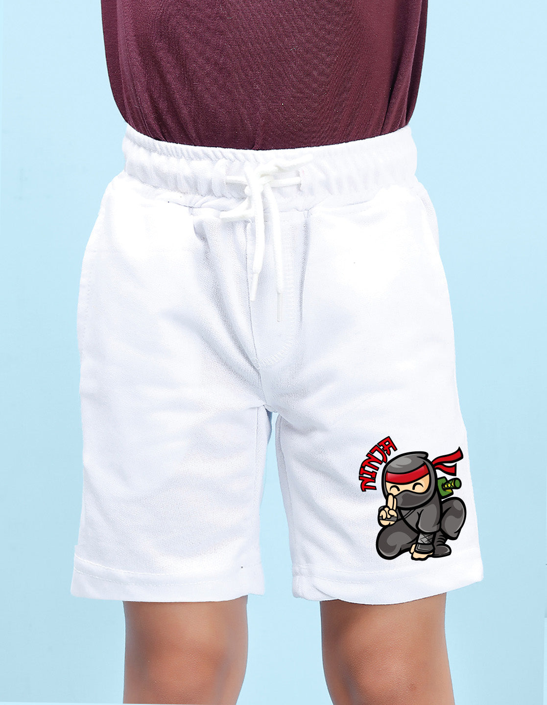 Nusyl Boys White Ninja Text Printed Shorts