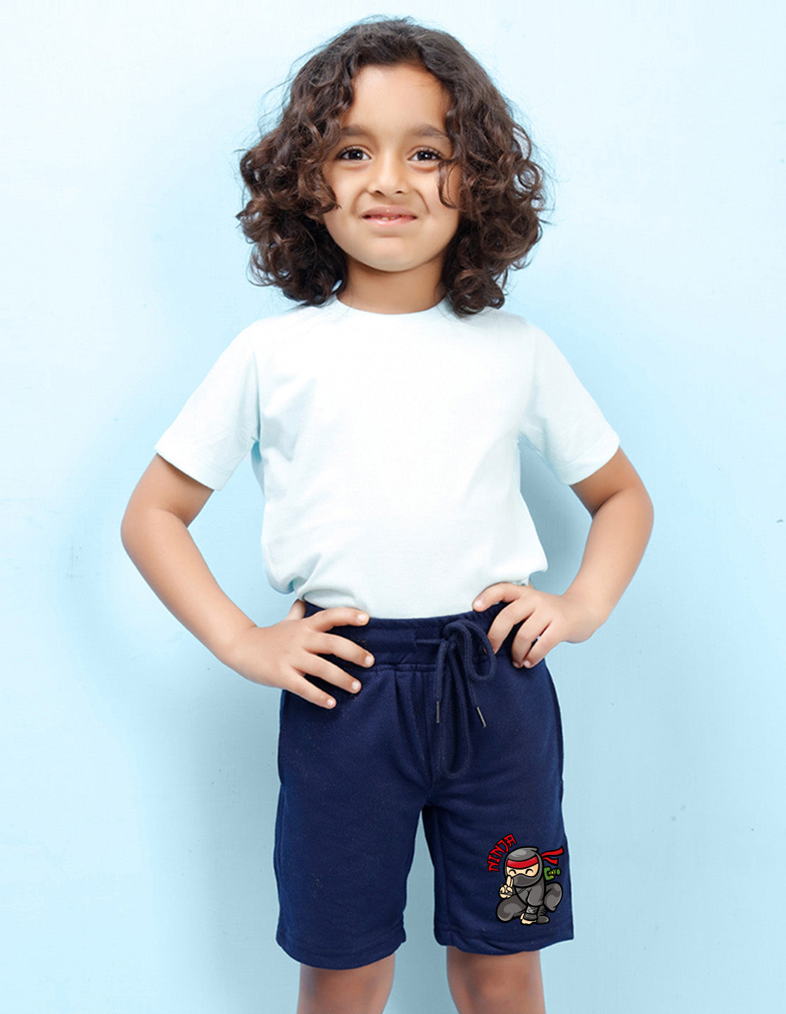 Nusyl Boys Navy Blue Ninja Text Printed Shorts