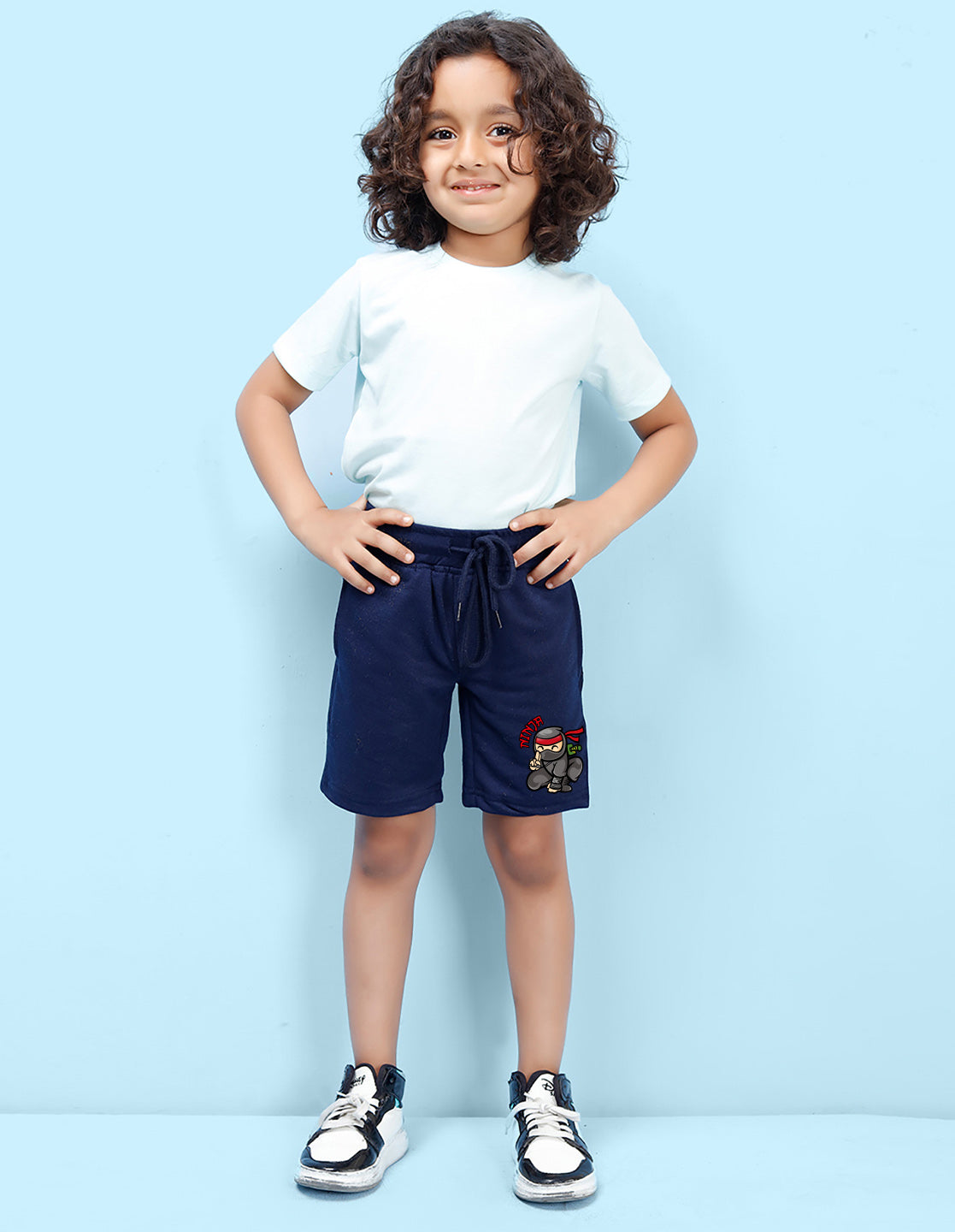 Nusyl Boys Navy Blue Ninja Text Printed Shorts