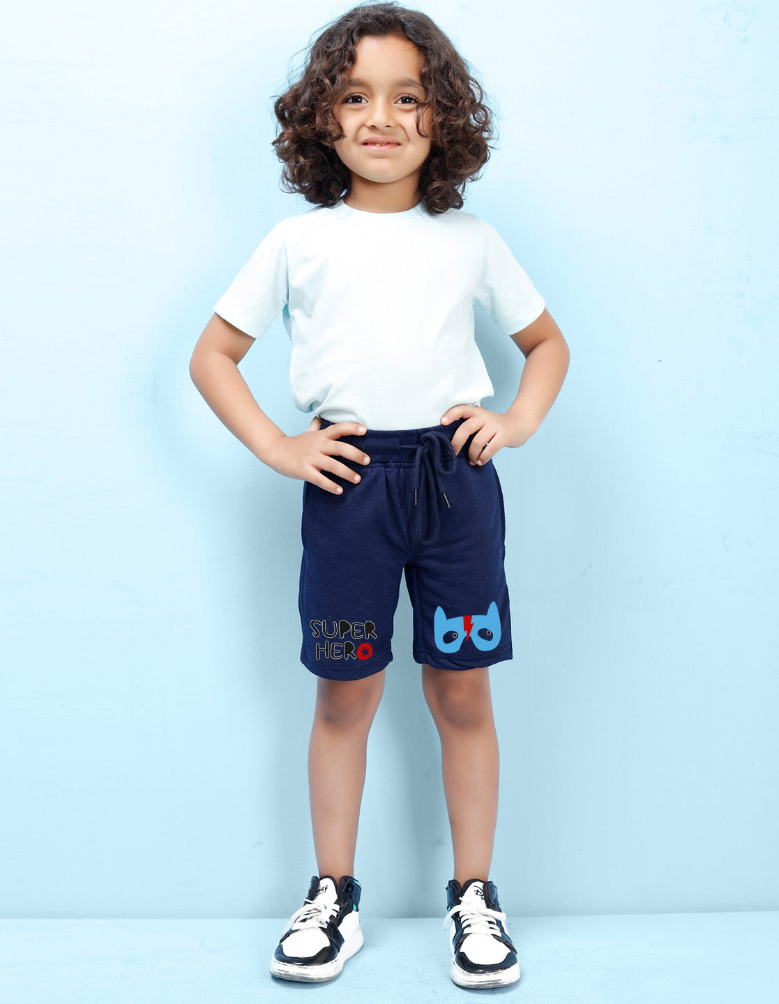 Nusyl Boys Navy Blue Super Hero Text Printed Shorts