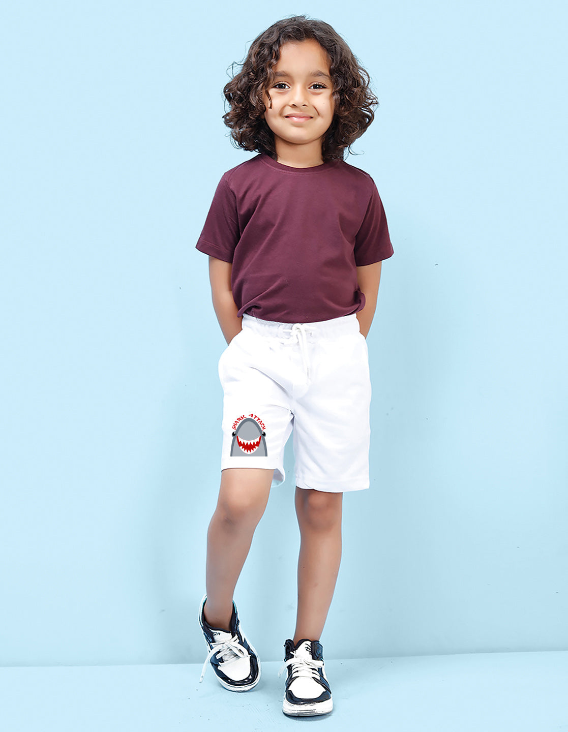 Nusyl Boys White Shark Attack Text Printed Shorts