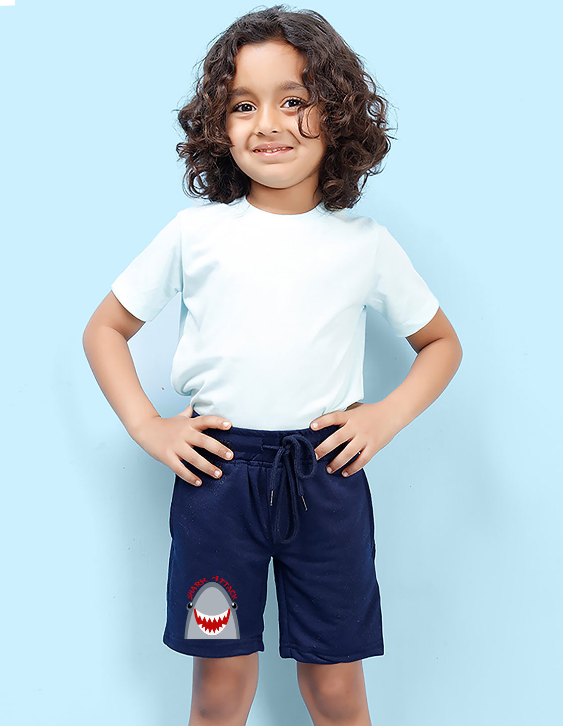 Nusyl Boys Navy Blue Shark Attack Text Printed Shorts
