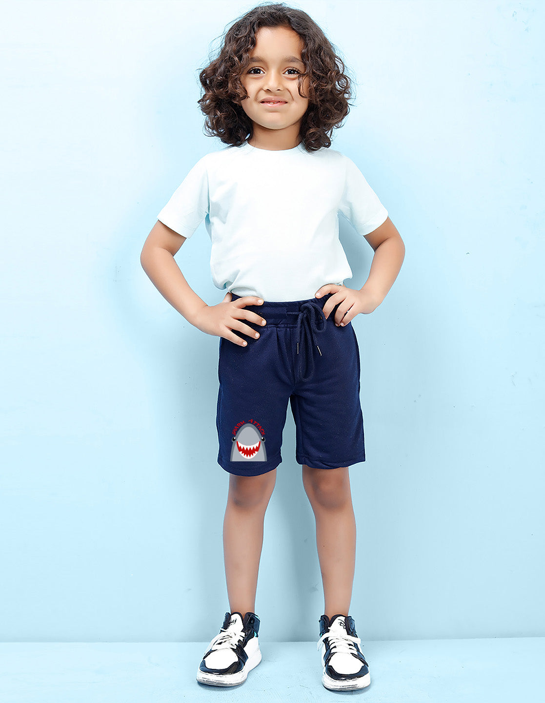 Nusyl Boys Navy Blue Shark Attack Text Printed Shorts