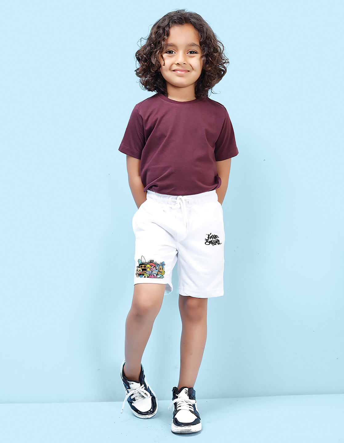 Nusyl Boys White Keep Smiling Text Printed Shorts
