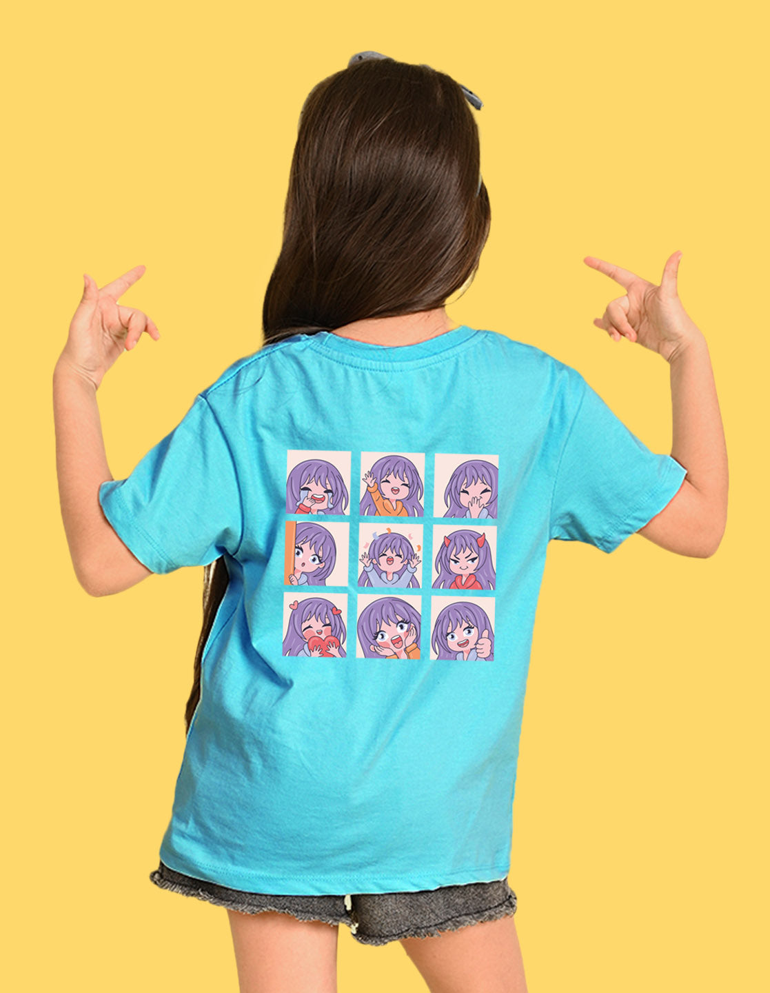 Nusyl Girl's Sky Blue Chibi Anime Faces Printed Cotton blend Half Sleeve Drop Shoulder Oversized T-Shirt