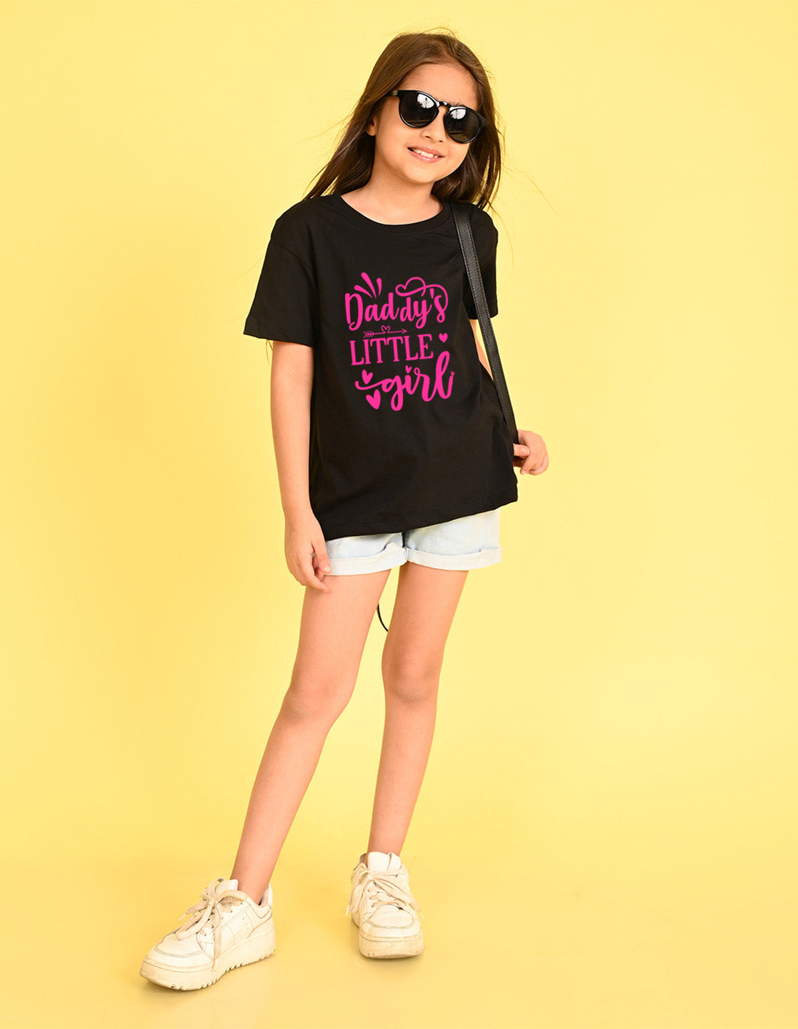 Nusyl Girl's Black Daddy Little Girl Text Printed Cotton blend Half Sleeve Drop Shoulder Oversized T-Shirt