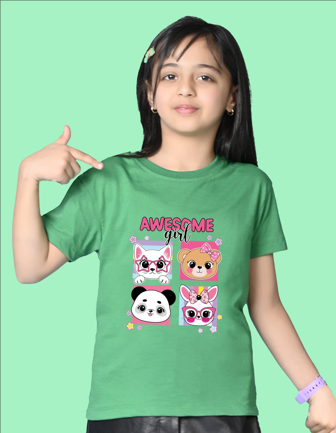Nusyl Girls Green Girl Awesome Text Printed Short sleeve Cotton Blend Oversized T-shirts