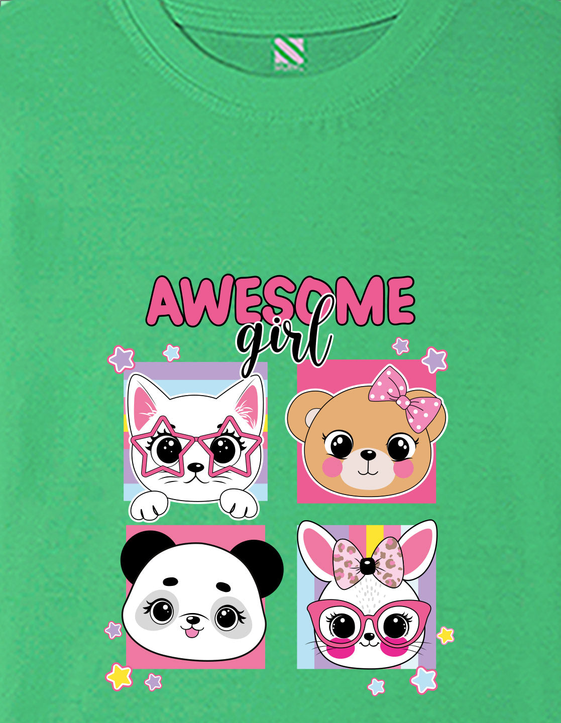 Nusyl Girls Green Girl Awesome Text Printed Short sleeve Cotton Blend Oversized T-shirts