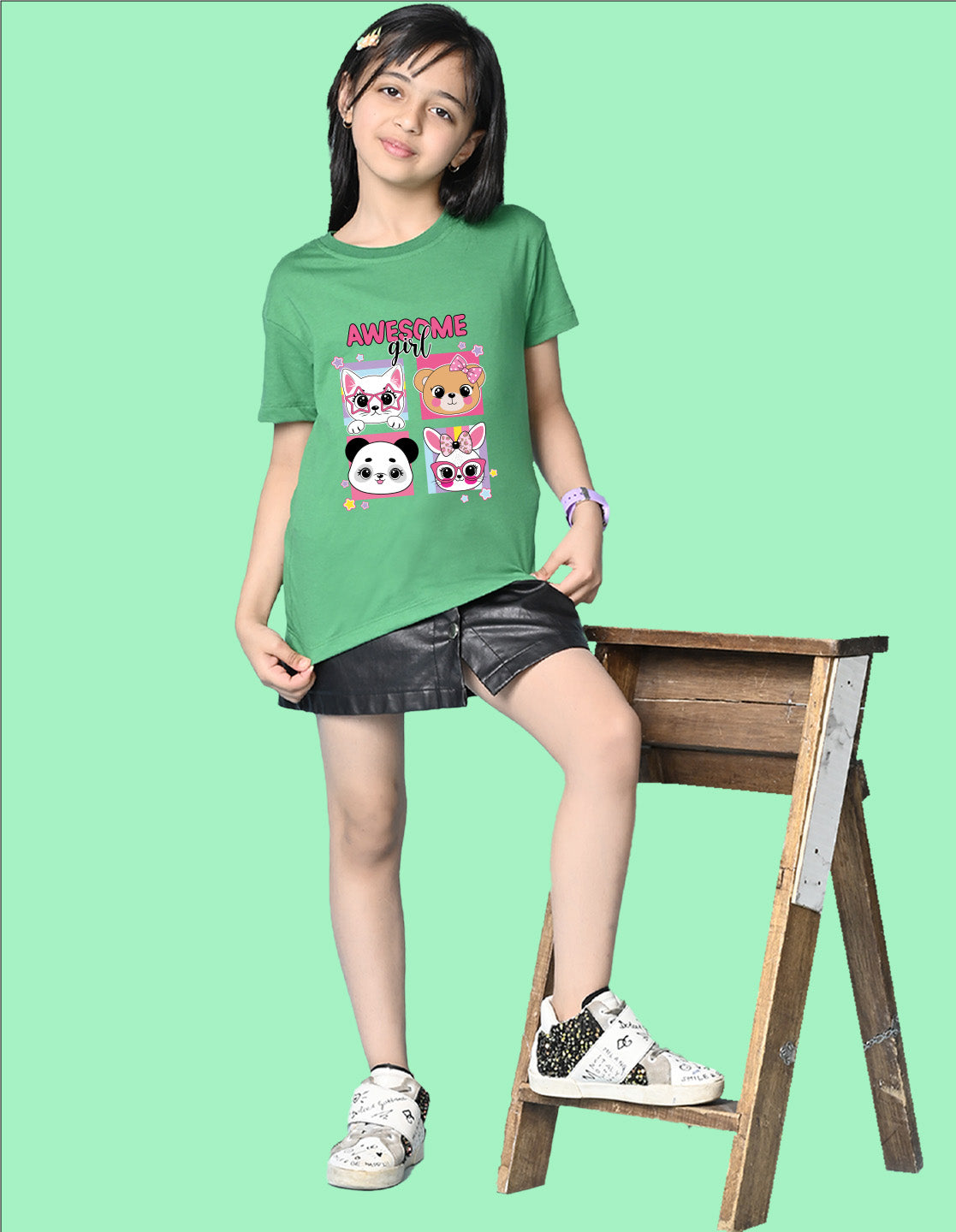 Nusyl Girls Green Girl Awesome Text Printed Short sleeve Cotton Blend Oversized T-shirts