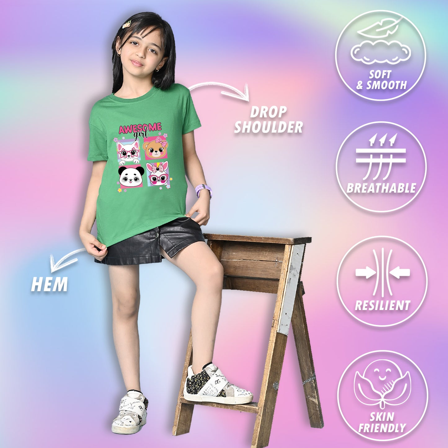 Nusyl Girls Green Girl Awesome Text Printed Short sleeve Cotton Blend Oversized T-shirts