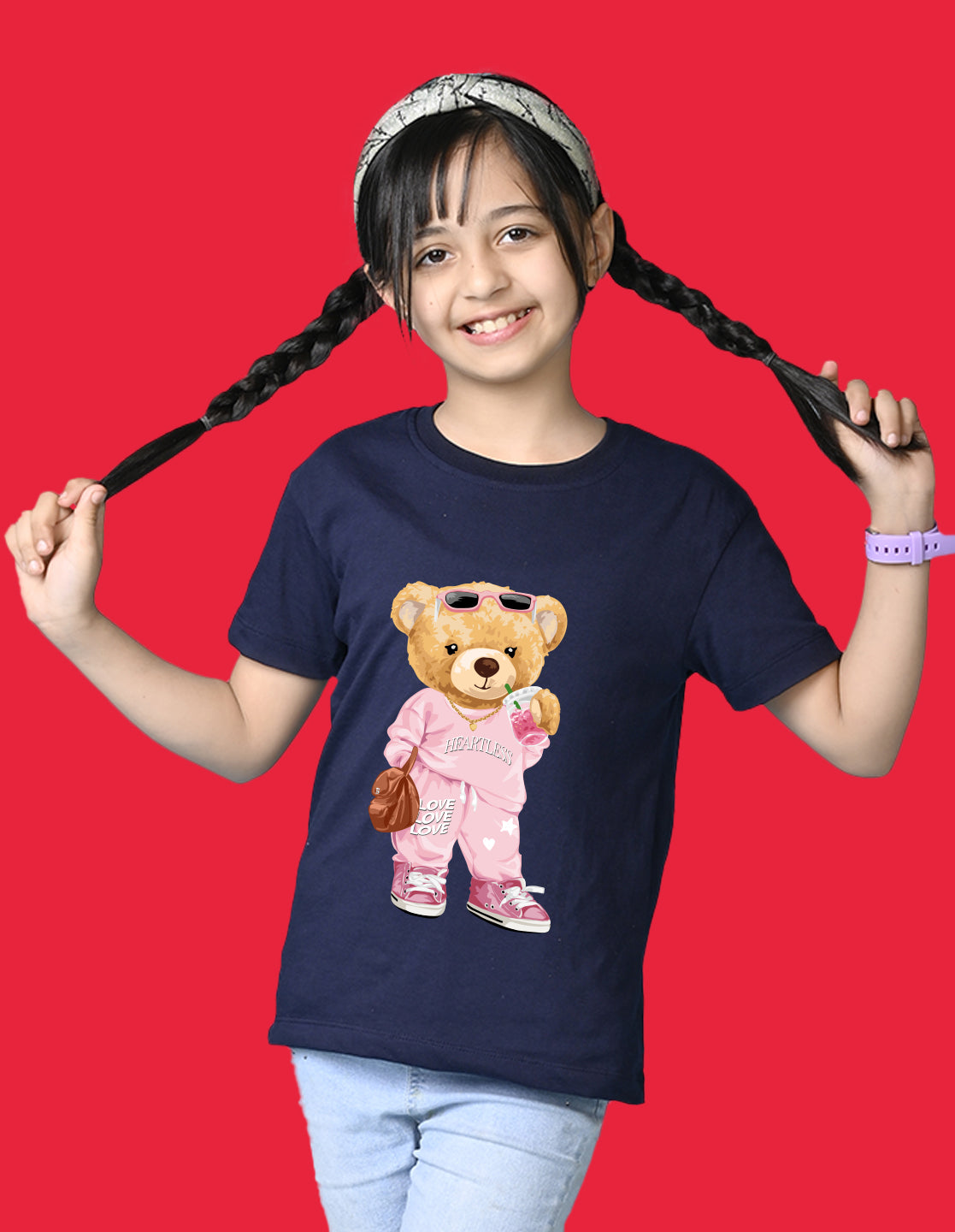 Nusyl Girls Navy Blue Cute Bears Text Printed Short sleeve Cotton Blend Oversized T-shirts