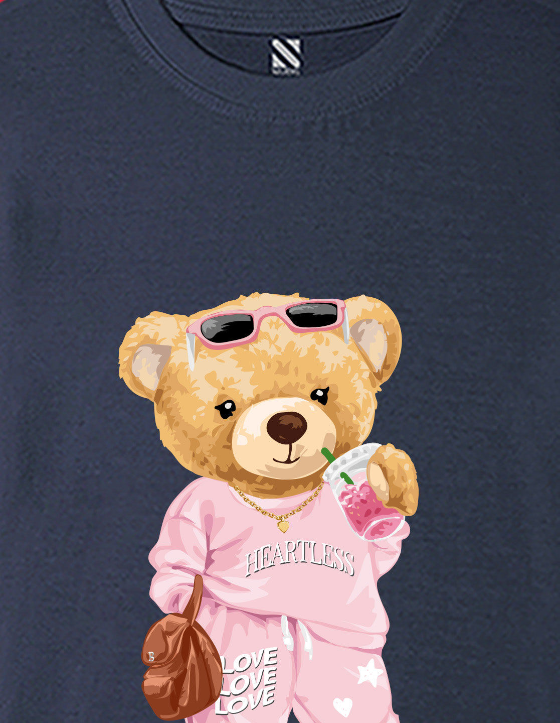 Nusyl Girls Navy Blue Cute Bears Text Printed Short sleeve Cotton Blend Oversized T-shirts
