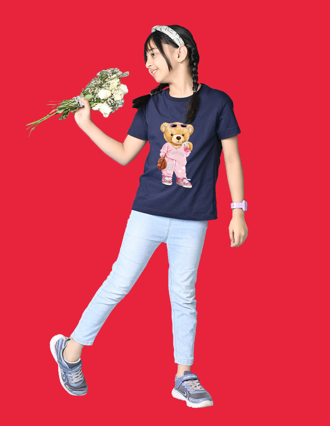 Nusyl Girls Navy Blue Cute Bears Text Printed Short sleeve Cotton Blend Oversized T-shirts