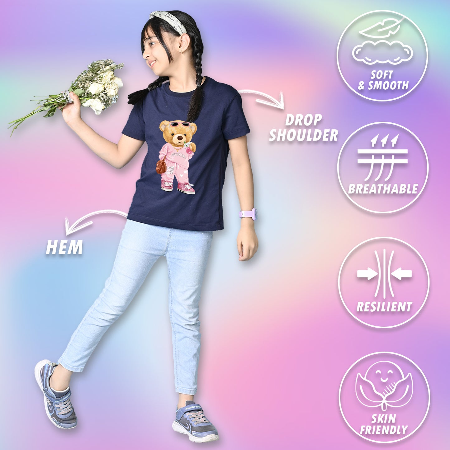 Nusyl Girls Navy Blue Cute Bears Text Printed Short sleeve Cotton Blend Oversized T-shirts