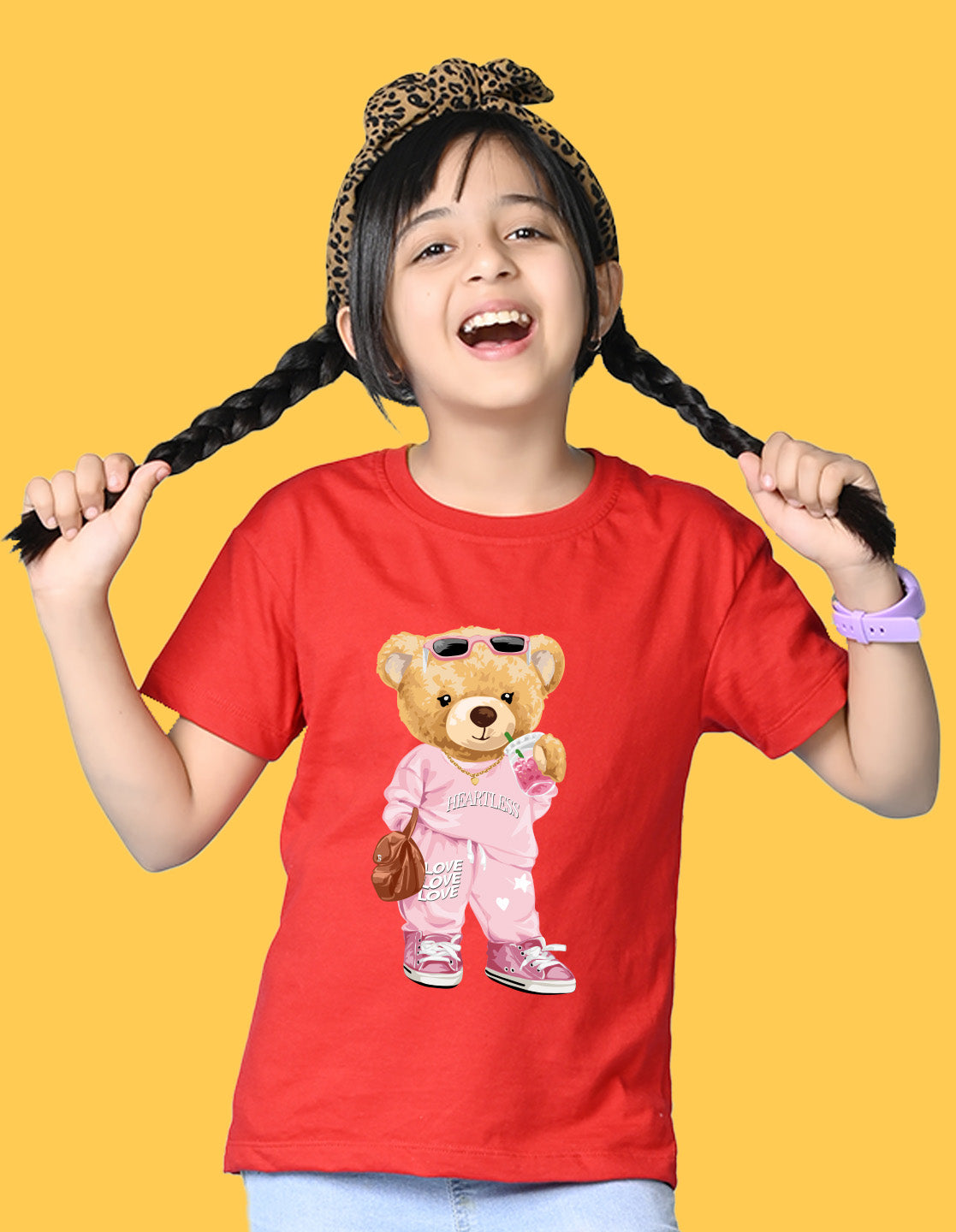 Nusyl Girls Red Cute Bears Text Printed Short sleeve Cotton Blend Oversized T-shirts