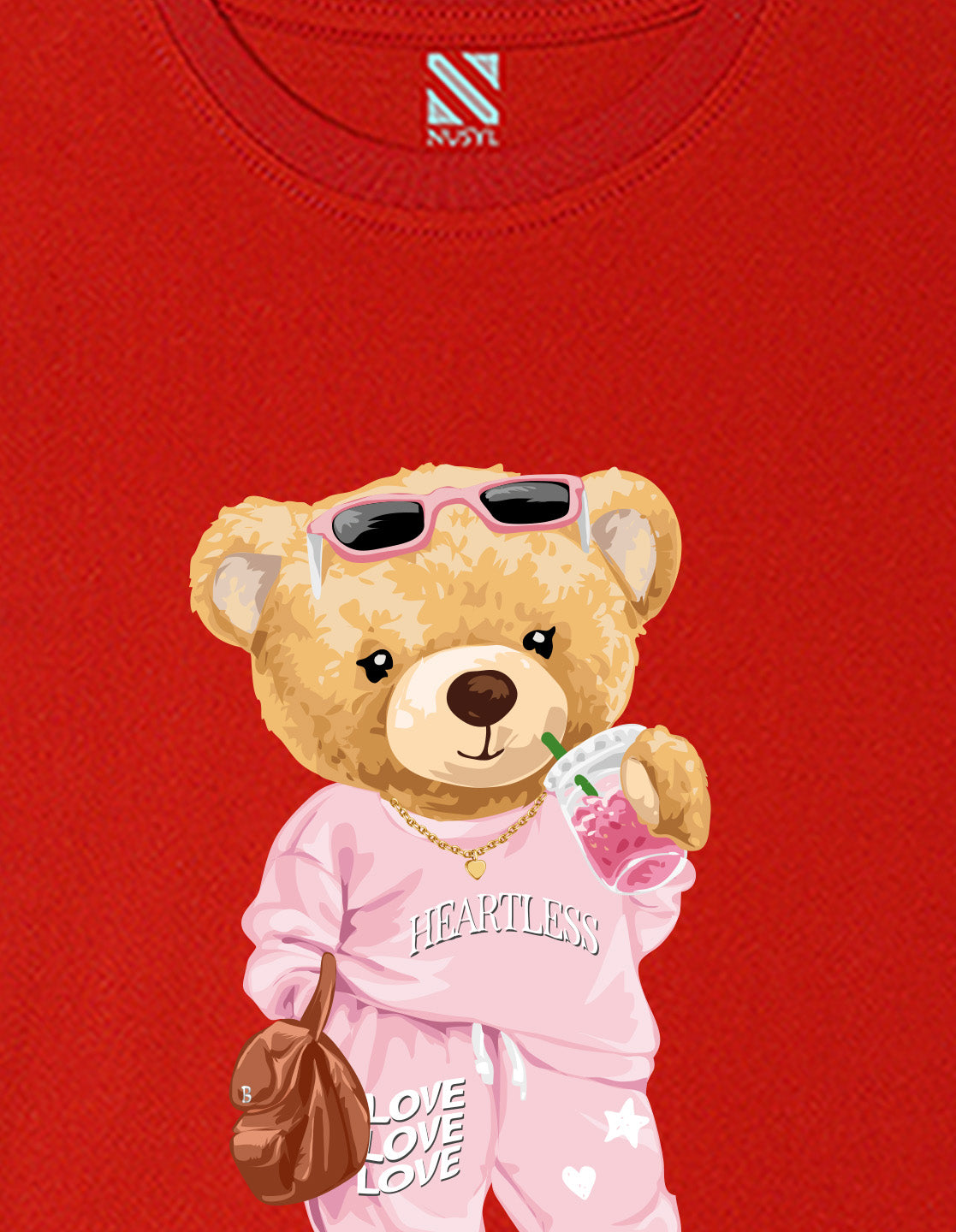 Nusyl Girls Red Cute Bears Text Printed Short sleeve Cotton Blend Oversized T-shirts