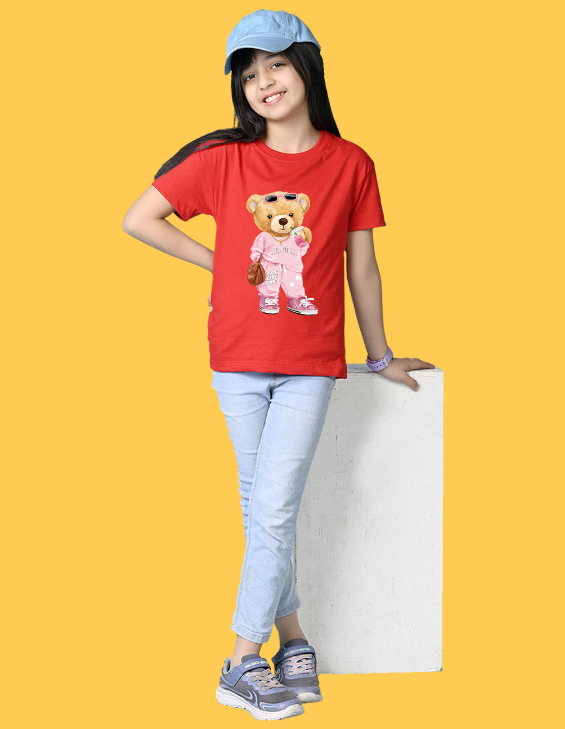 Nusyl Girls Red Cute Bears Text Printed Short sleeve Cotton Blend Oversized T-shirts