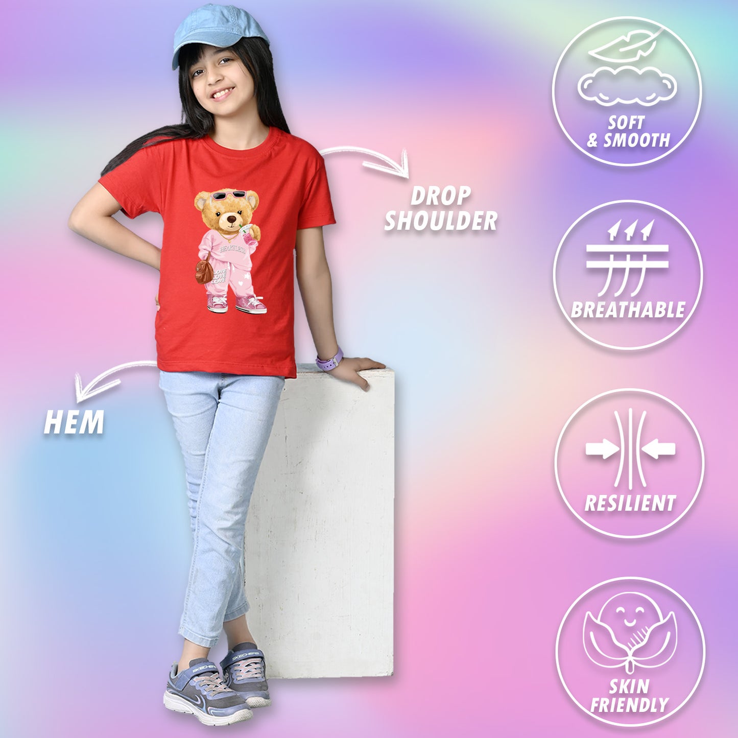 Nusyl Girls Red Cute Bears Text Printed Short sleeve Cotton Blend Oversized T-shirts