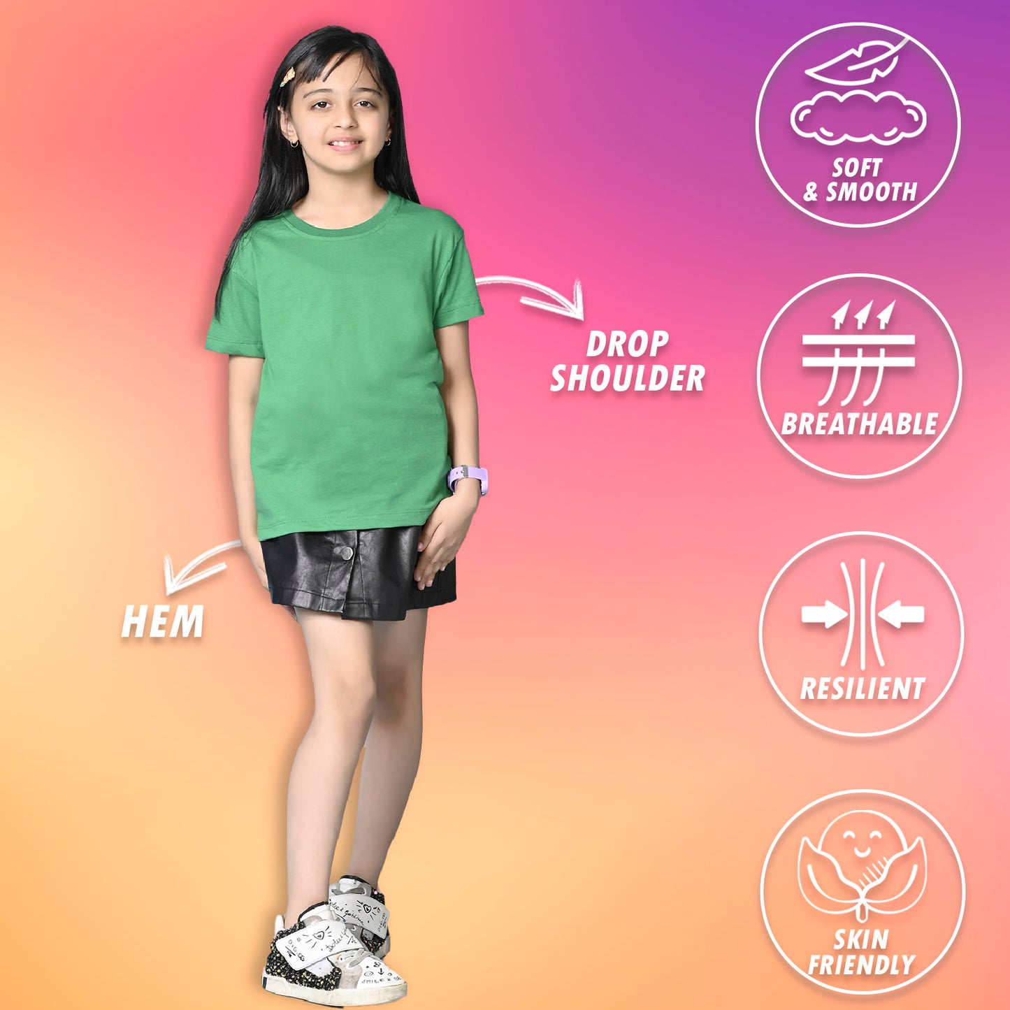 NUSYL Girls Solid Cotton Blend Round Neck Oversized T-Shirt - Pack of 2