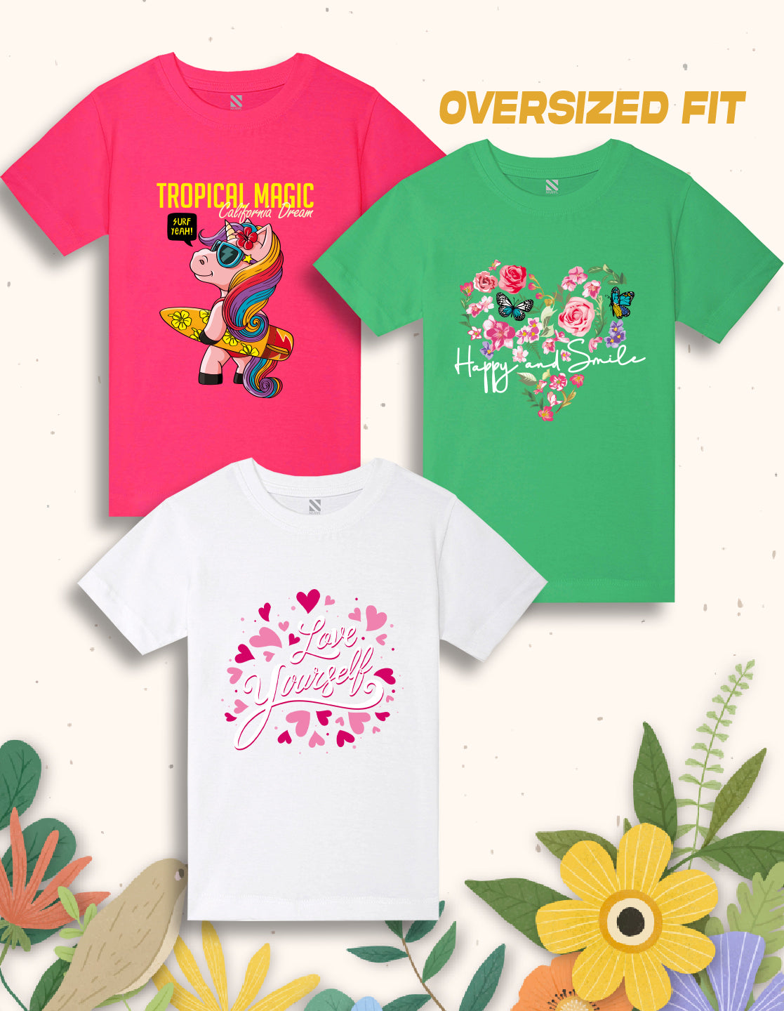 NUSYL Girls Flowers & Text Printed Cotton Blend Round Neck Oversized T-Shirt - Pack of 3
