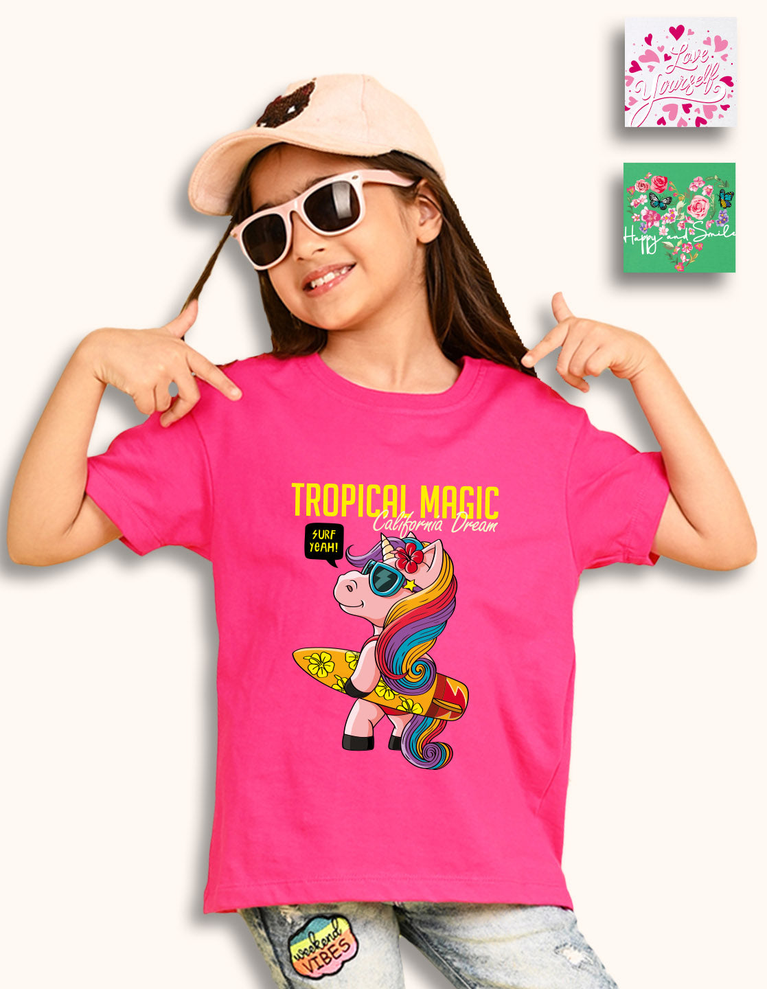 NUSYL Girls Flowers & Text Printed Cotton Blend Round Neck Oversized T-Shirt - Pack of 3