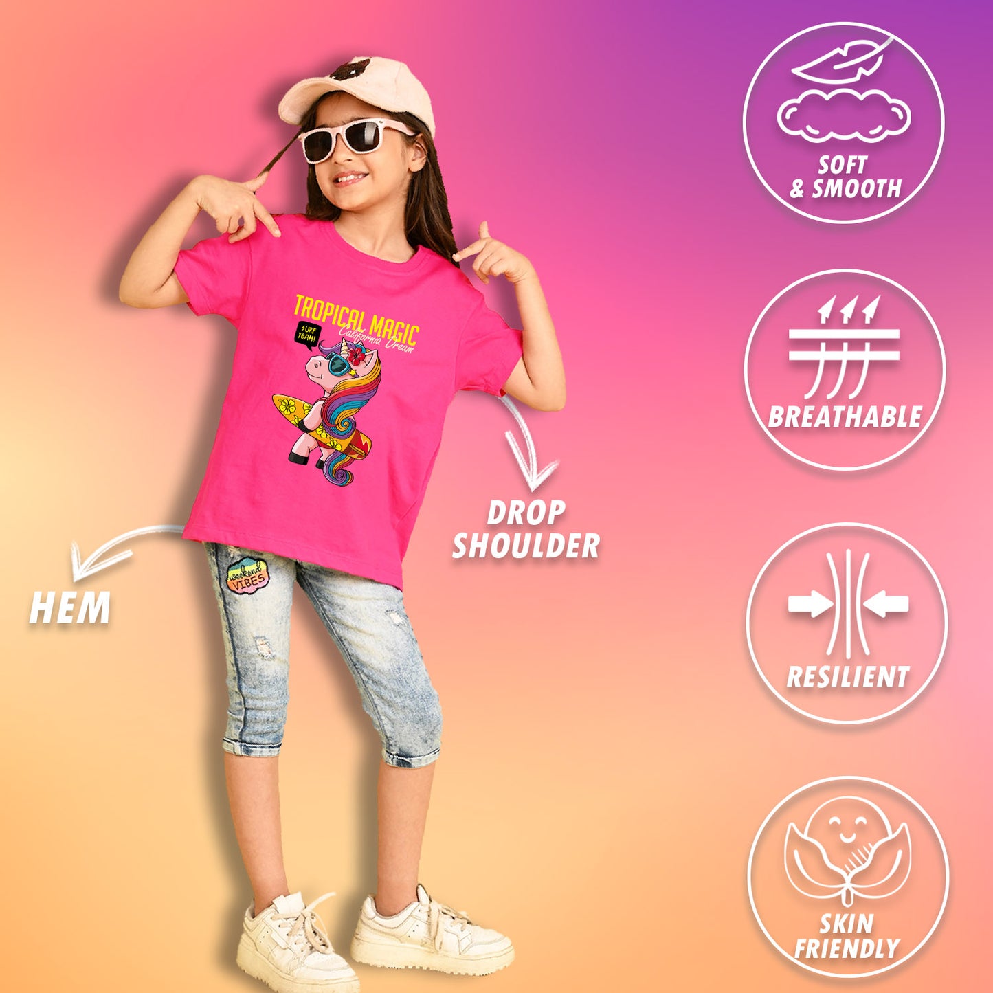 NUSYL Girls Flowers & Text Printed Cotton Blend Round Neck Oversized T-Shirt - Pack of 3