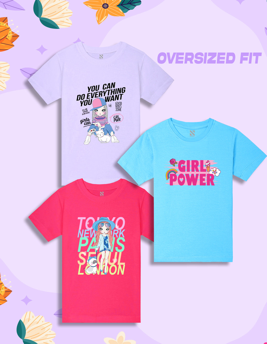 NUSYL Girls Text Printed Cotton Blend Round Neck Oversized T-Shirt - Pack of 3