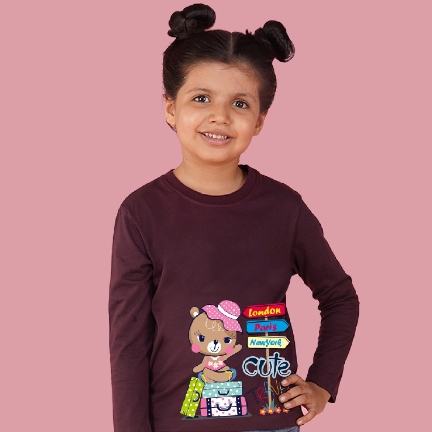 Nusyl Girls Maroon Teddy Printed Full sleeve T-Shirt