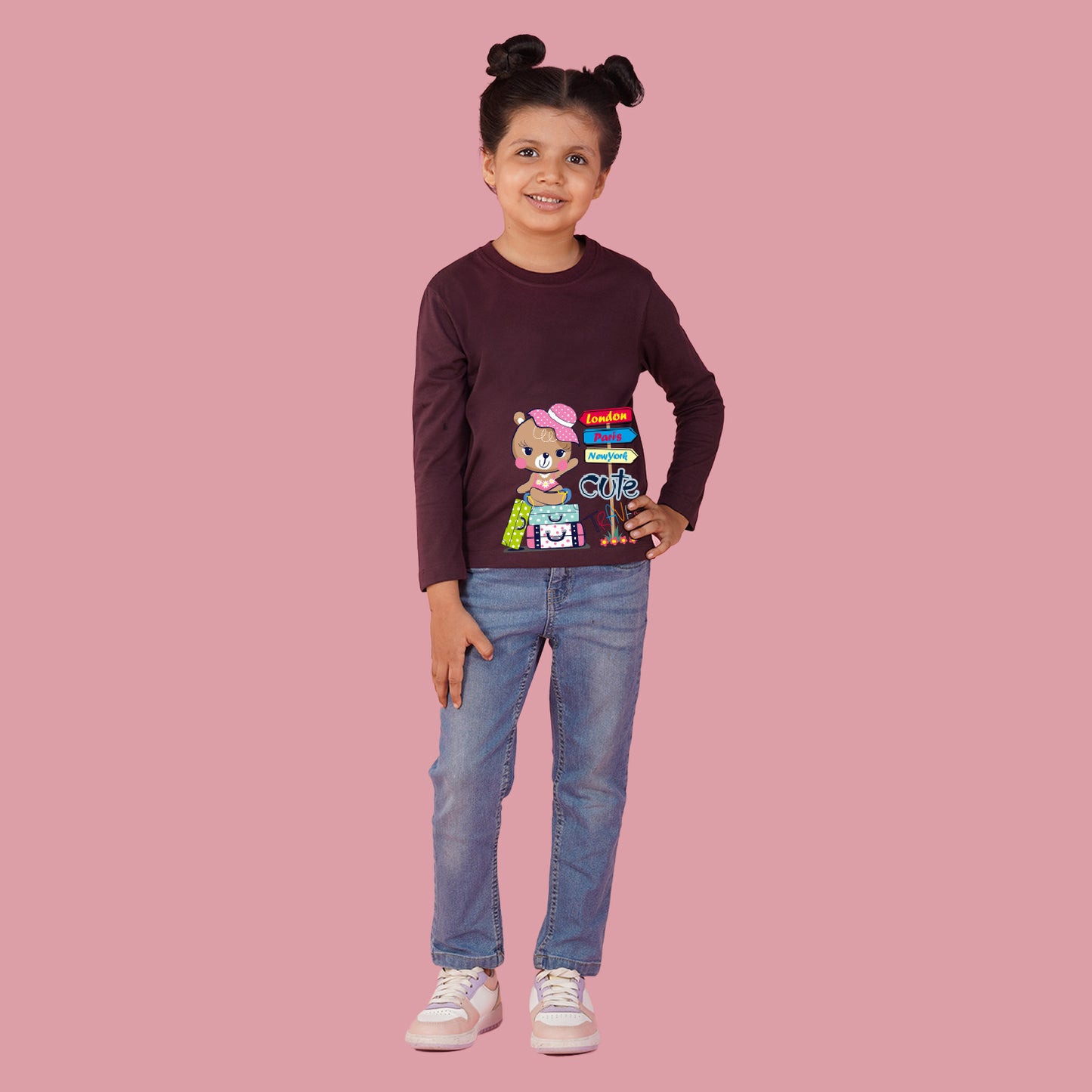 Nusyl Girls Maroon Teddy Printed Full sleeve T-Shirt