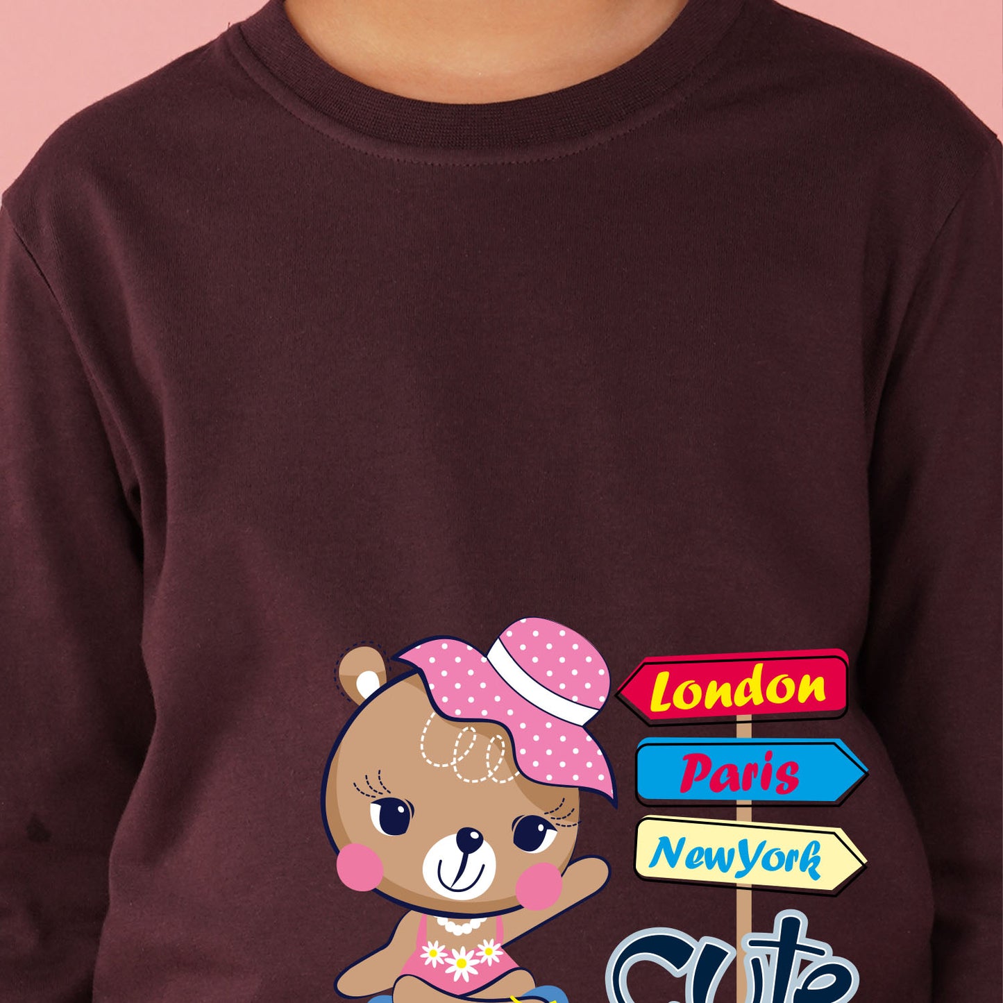Nusyl Girls Maroon Teddy Printed Full sleeve T-Shirt