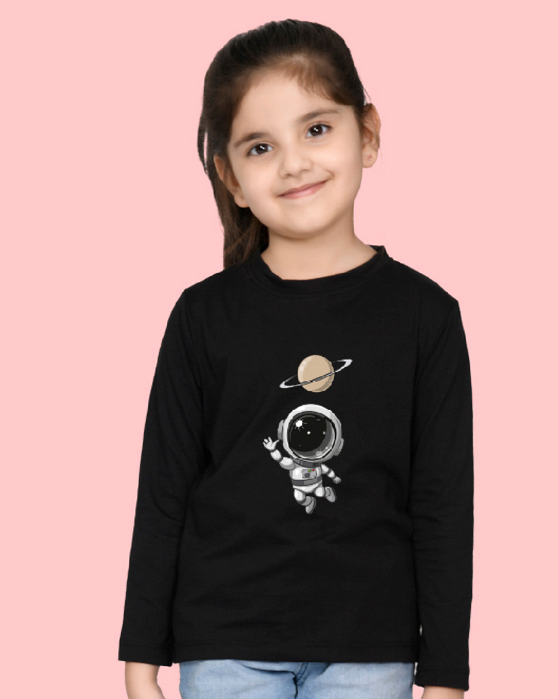 Nusyl Girls Black Astronaut Printed Full Sleeve T-shirt