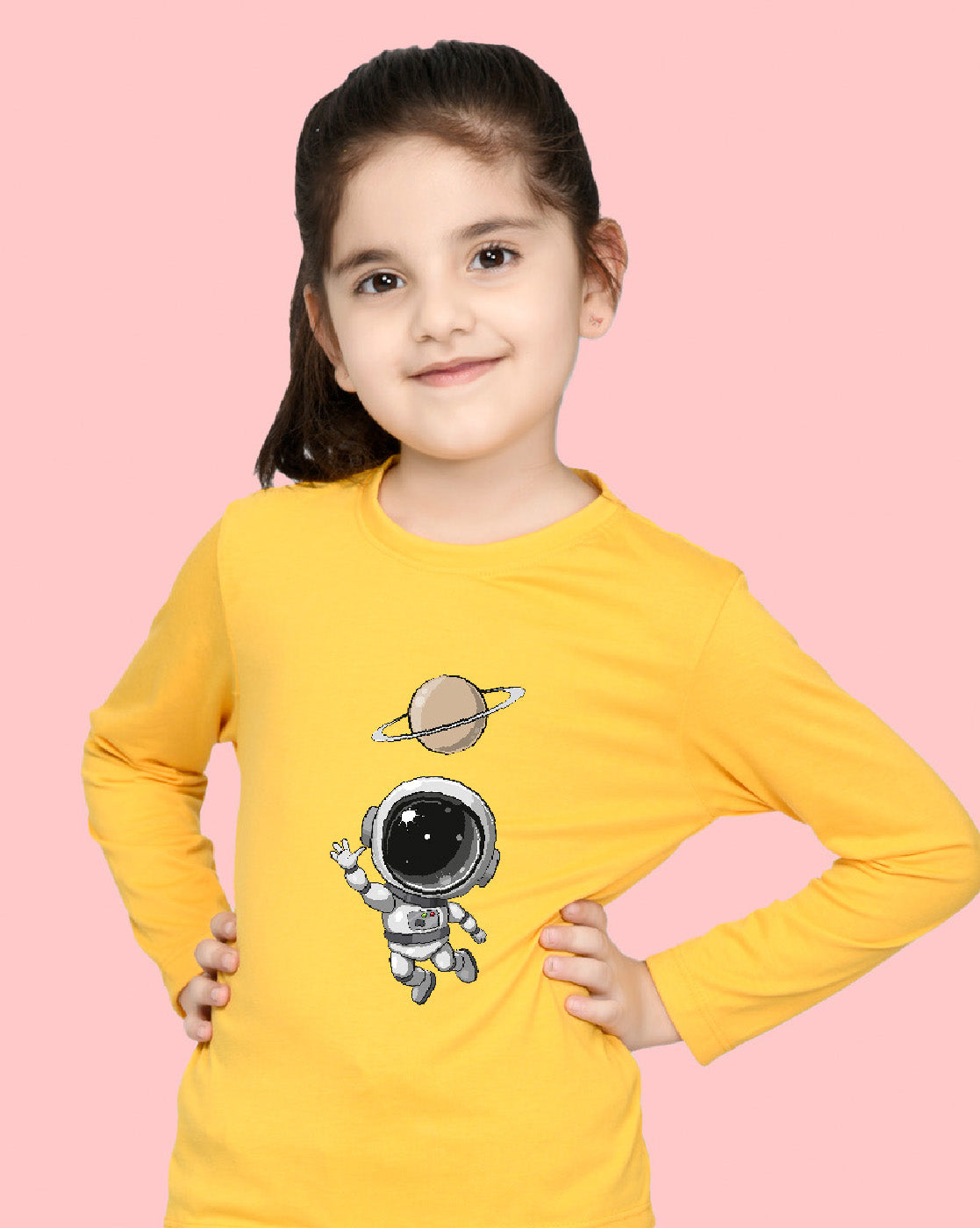 Nusyl Girls Yellow Astronaut Printed Full Sleeve T-shirt