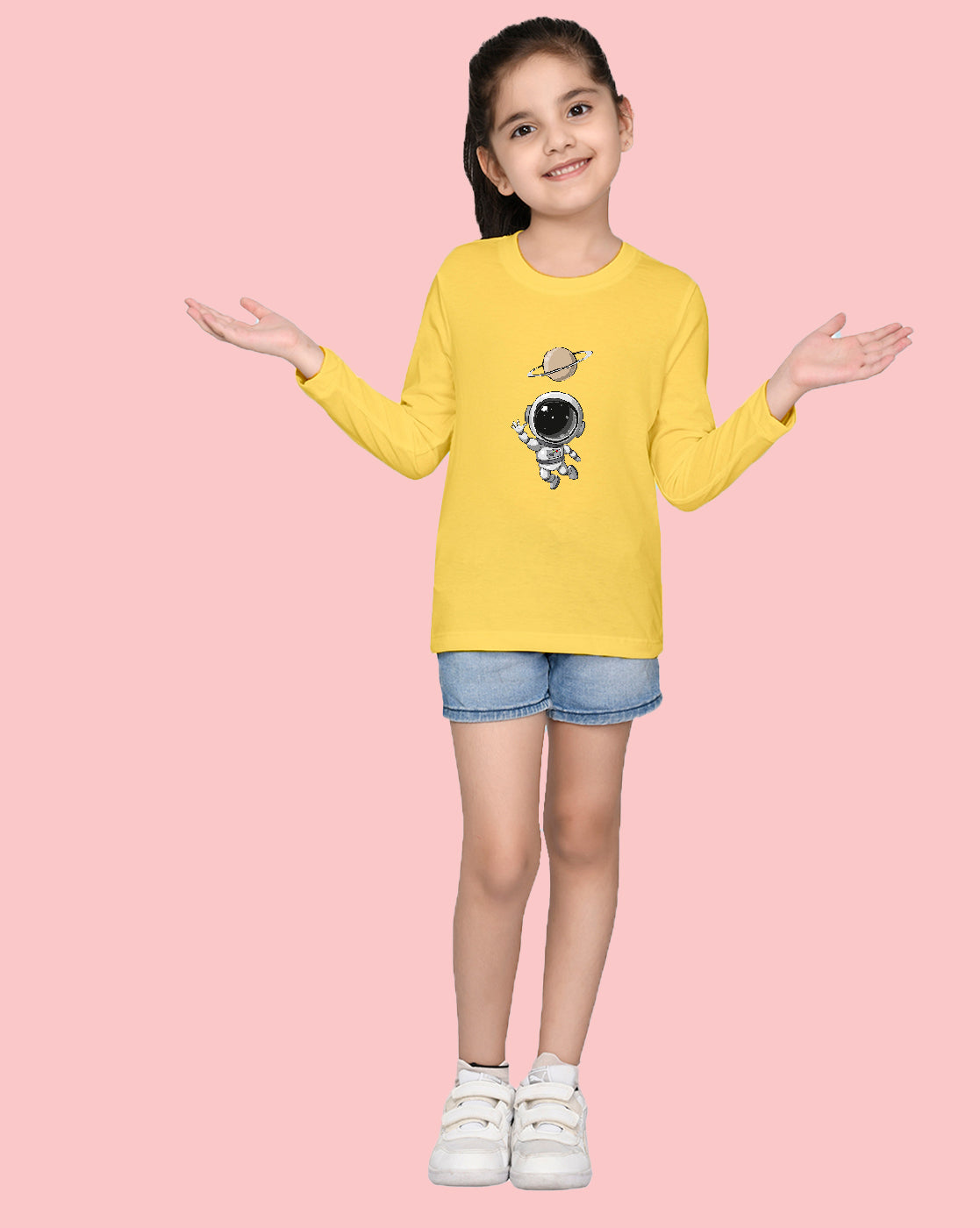 Nusyl Girls Yellow Astronaut Printed Full Sleeve T-shirt