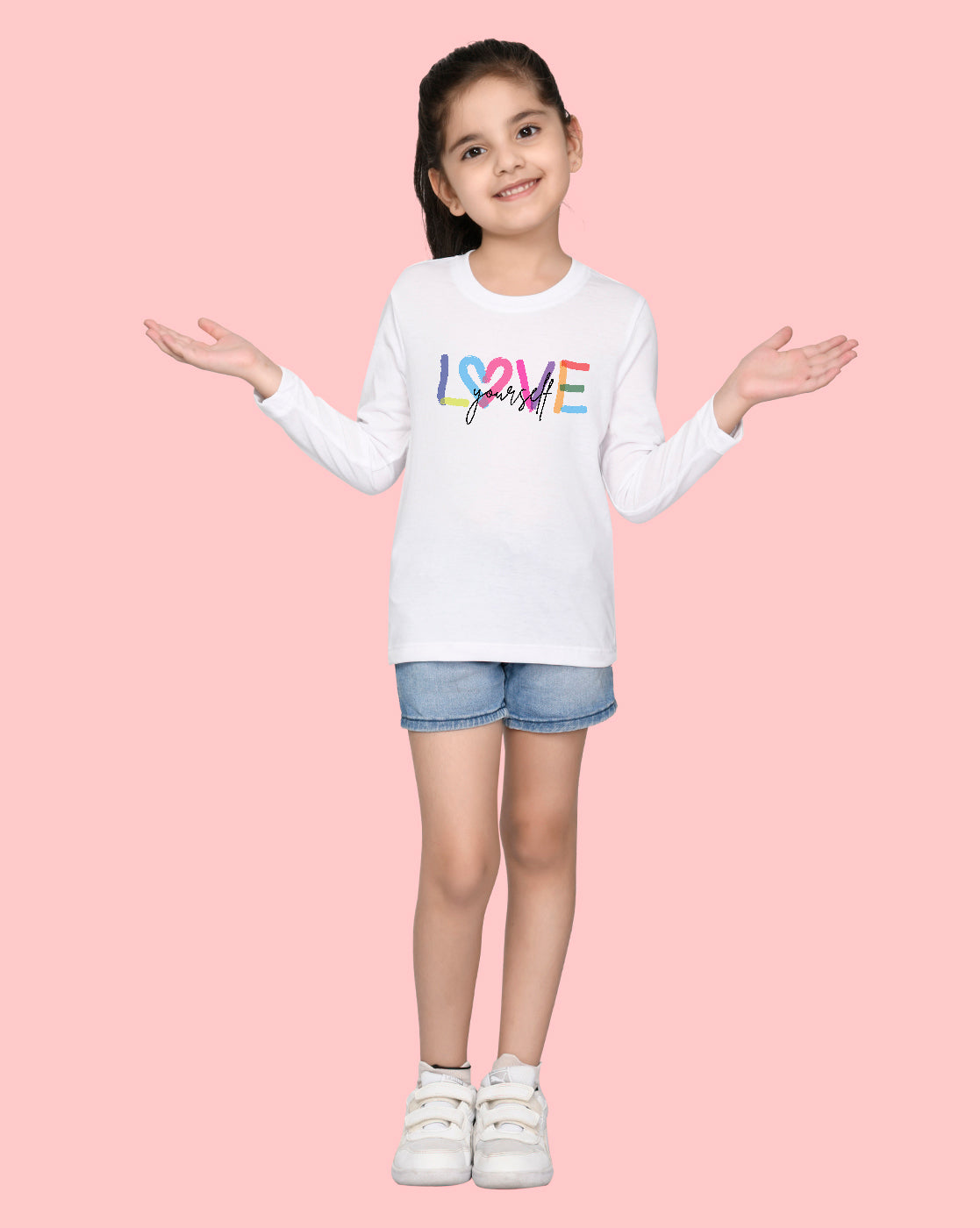 Nusyl Girls White Love Printed Full Sleeve T-shirt
