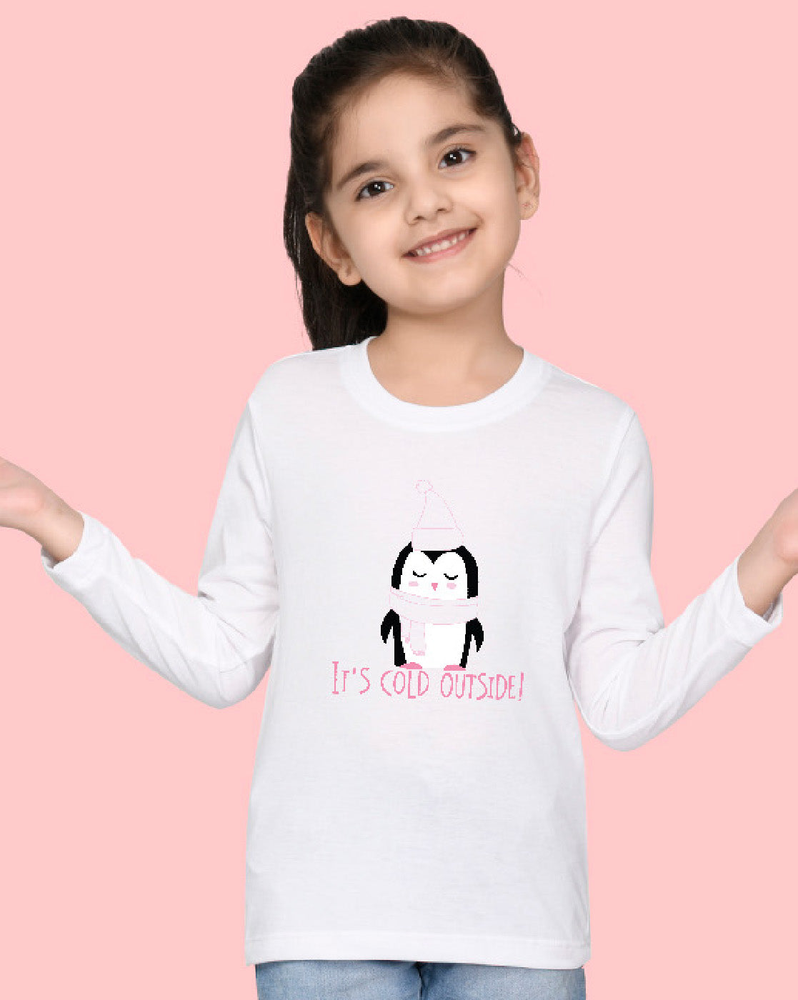 Nusyl Girls White Penguin Printed Full Sleeve T-shirt