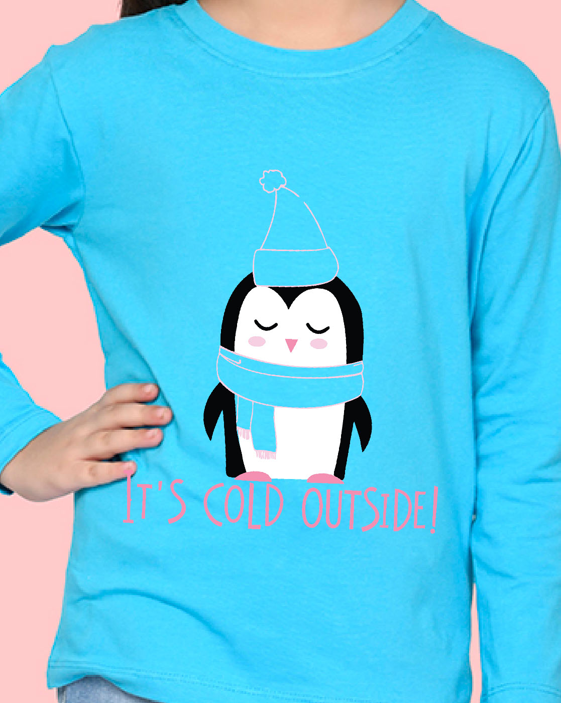Nusyl Girls Sky Blue Penguin Printed Full Sleeve T-shirt