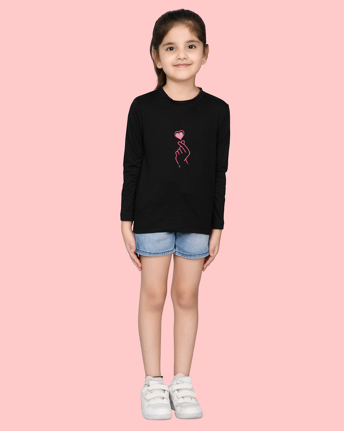 Nusyl Girls Black Heart Printed Full Sleeve T-shirt