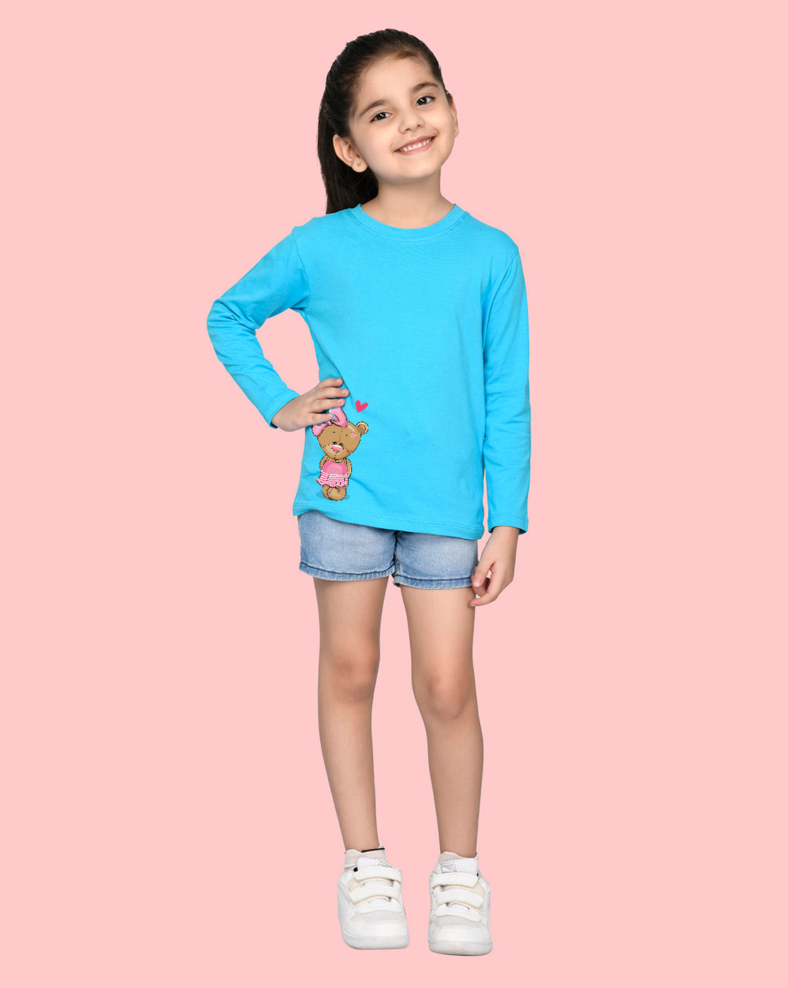 Nusyl Girls Sky Blue Teddy Bear printed Full Sleeve T-shirt