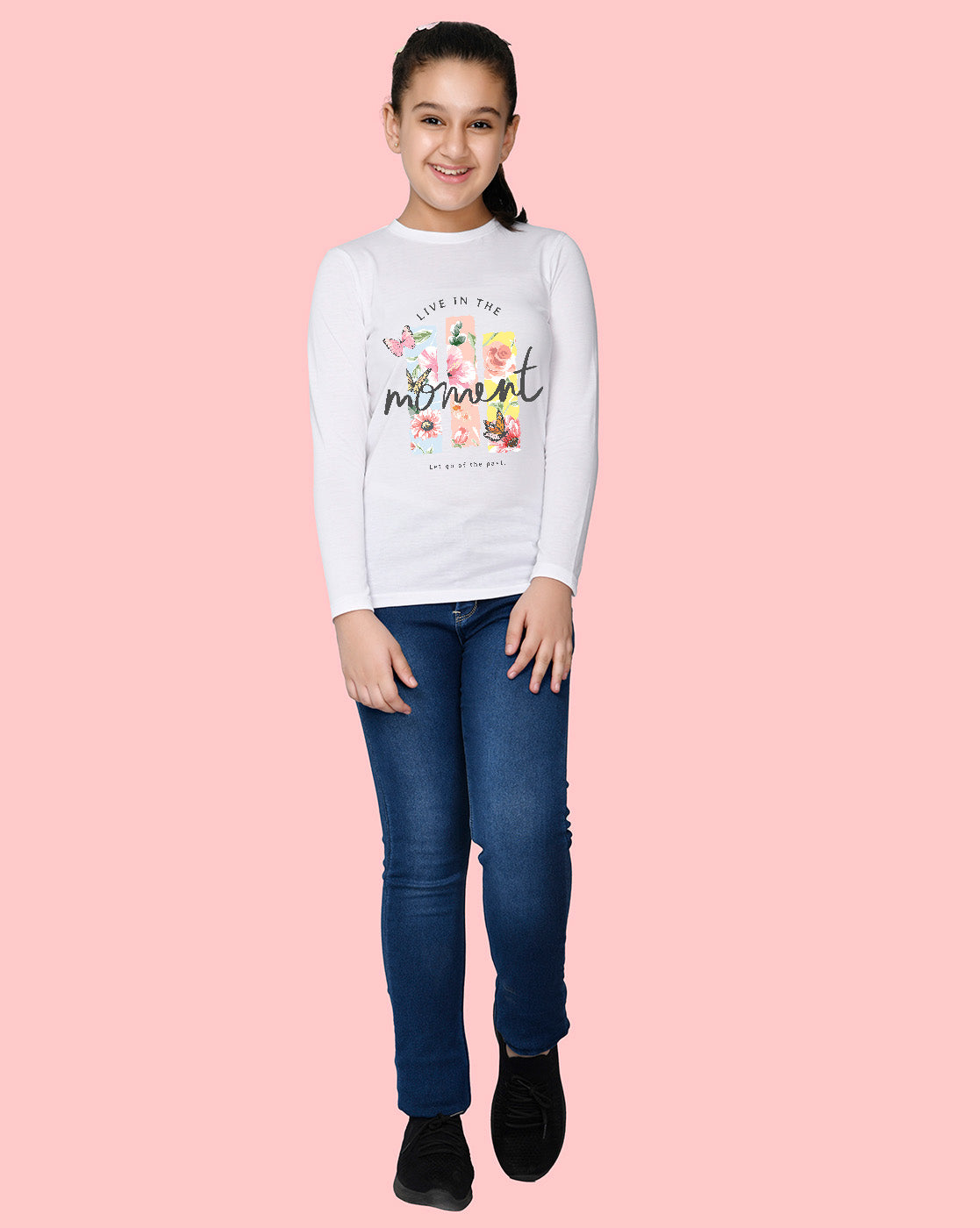 Nusyl Girls White Flower Pinted Full Sleeve T-shirt
