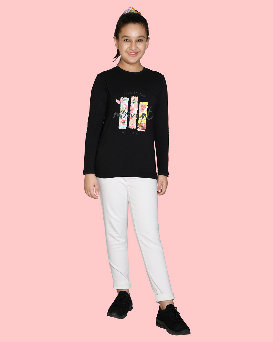 Nusyl Girls Black Flower Pinted Full Sleeve T-shirt