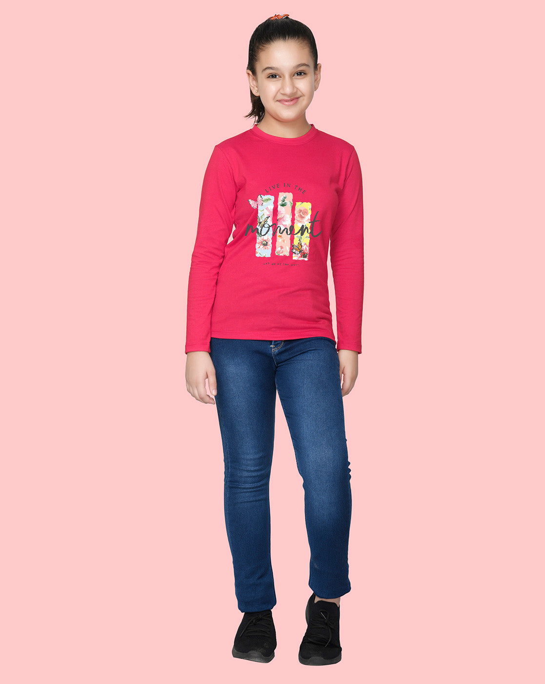 Nusyl Girls Hot Pink Flower Pinted Full Sleeve T-shirt