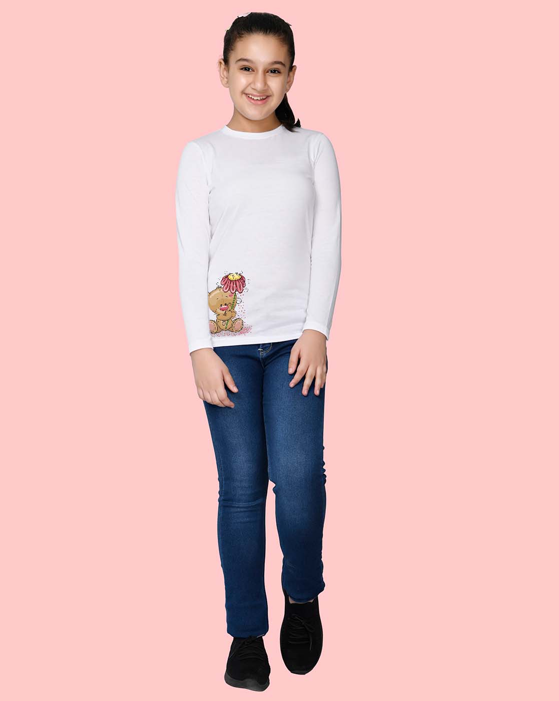 Nusyl Girls White Teddy Bear Printed Full Sleeve T-shirt