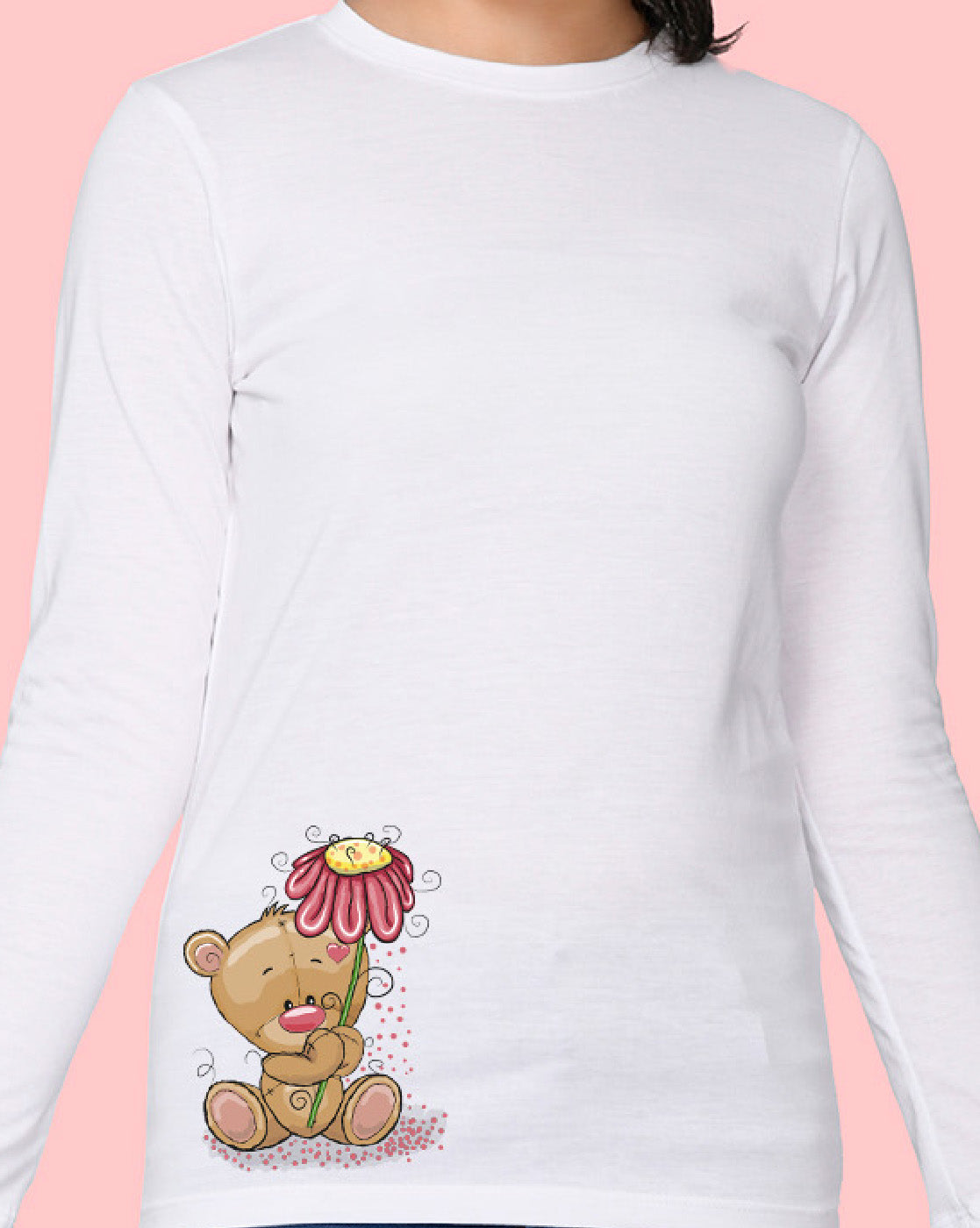 Nusyl Girls White Teddy Bear Printed Full Sleeve T-shirt
